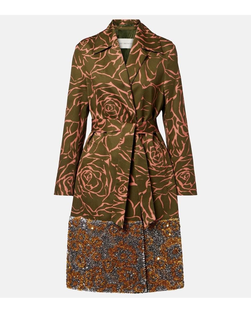 Dries Van Noten Brown Floral Sequined Cotton Wrap Coat