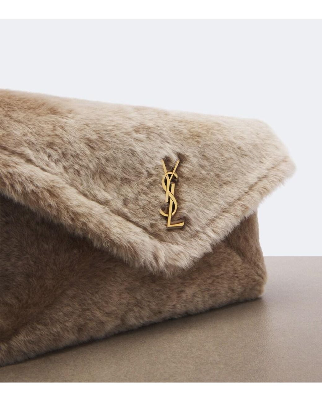 Saint Laurent Natural Cassandre Large Shearling Clutch