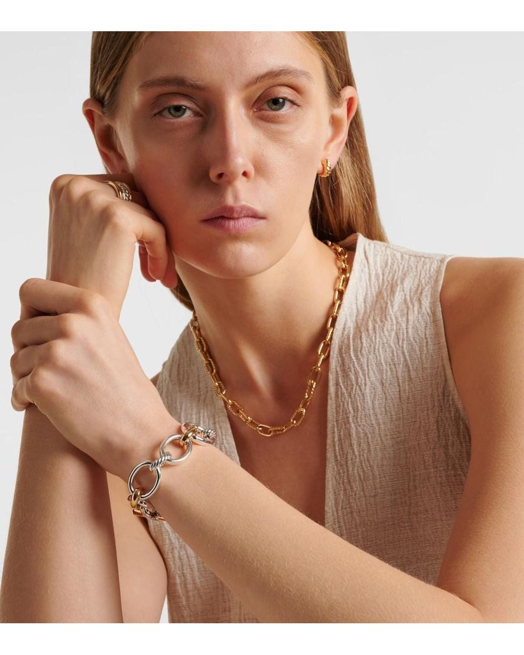David Yurman Metallic Dy Mercer 18Kt And Sterling Chain Bracelet With Diamonds