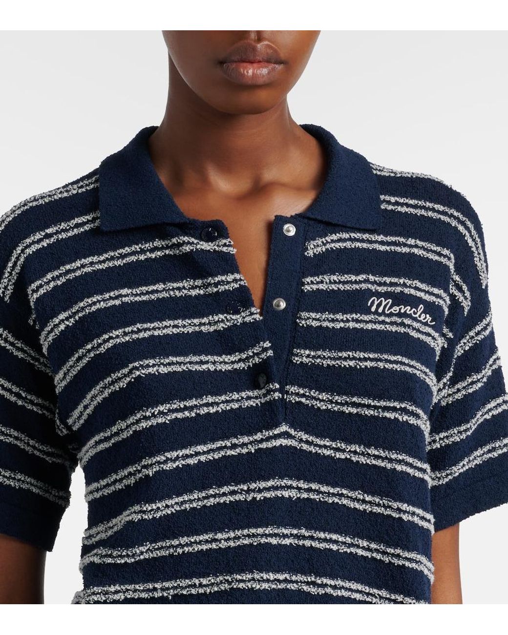 Moncler Blue Logo Striped Cotton-Blend Polo Sweater
