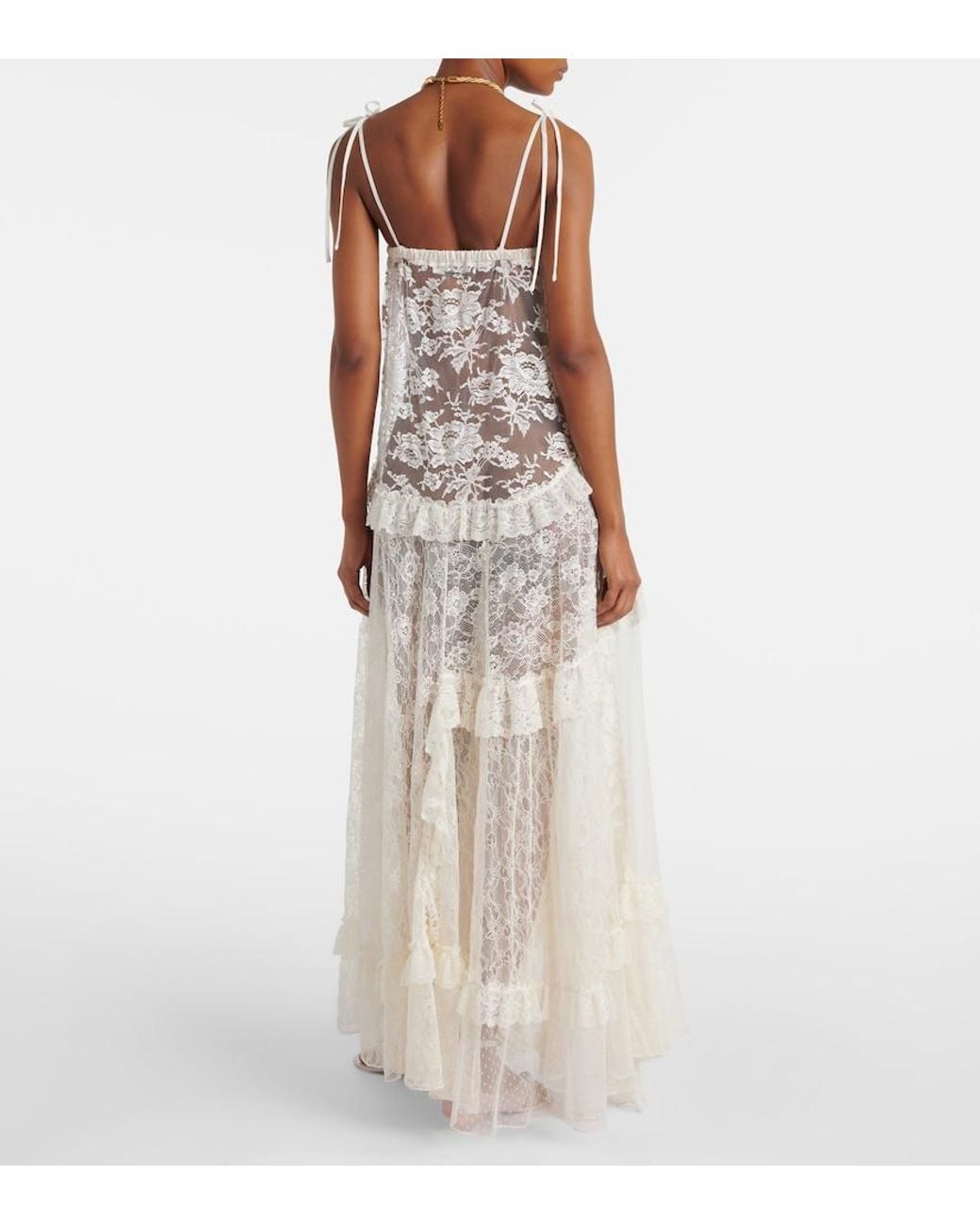 Chloé White Ruffled Sheer Lace Maxi Dress
