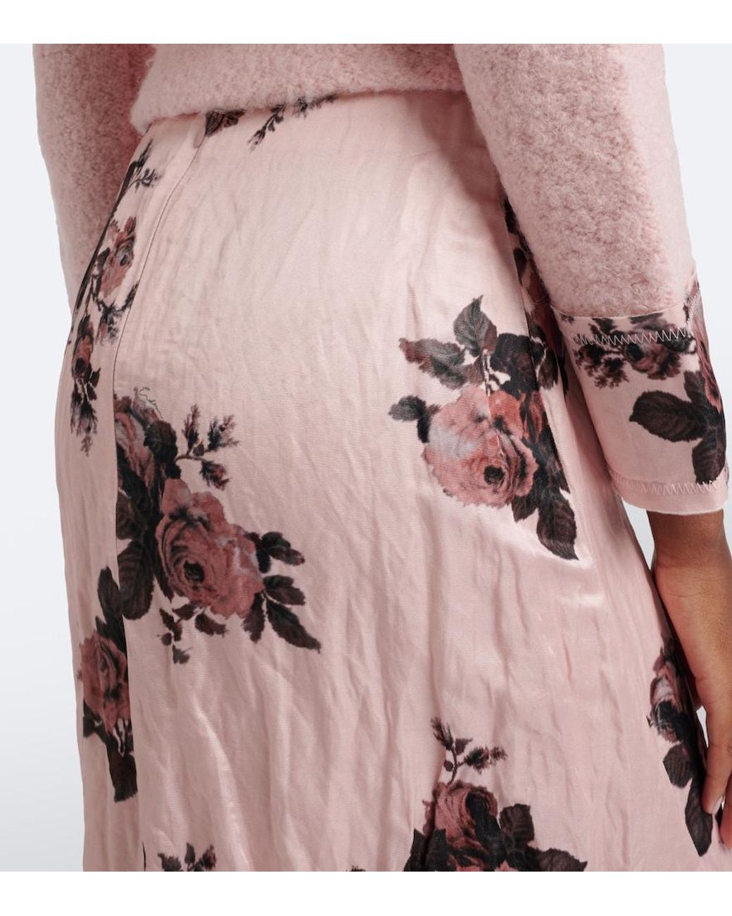 Erdem Pink Floral Satin Midi Skirt