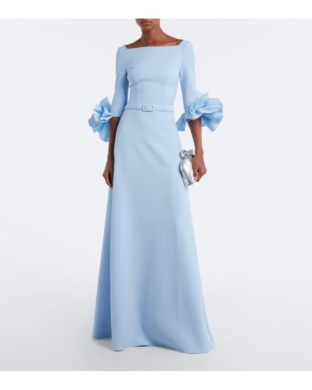 Safiyaa Blue Belisa Belted Ruffled Crepe Gown