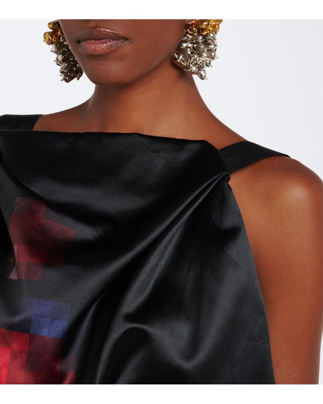 Dries Van Noten Black Draped Printed Silk Satin Gown