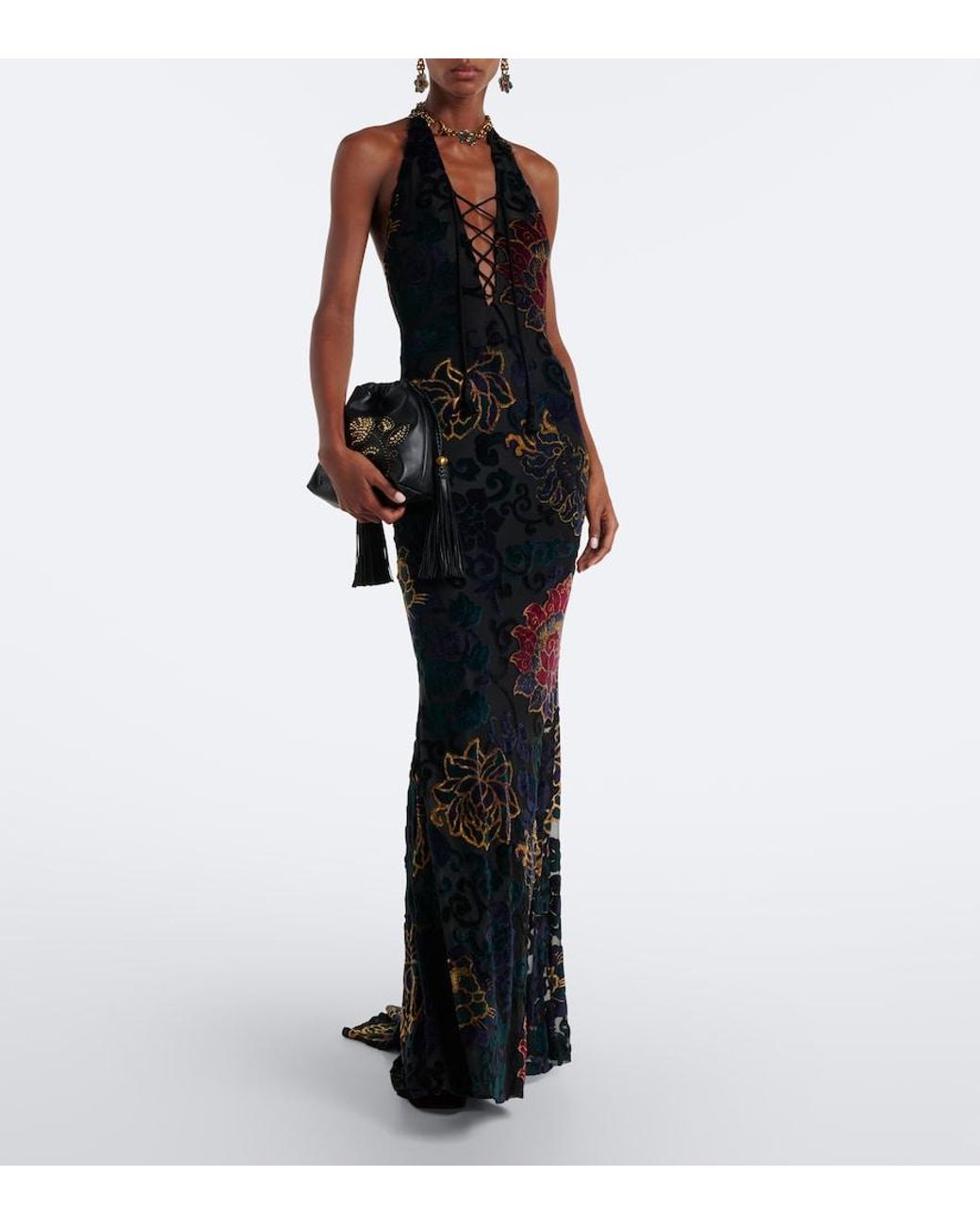 Etro Black Floral Jacquard Jersey Halterneck Gown