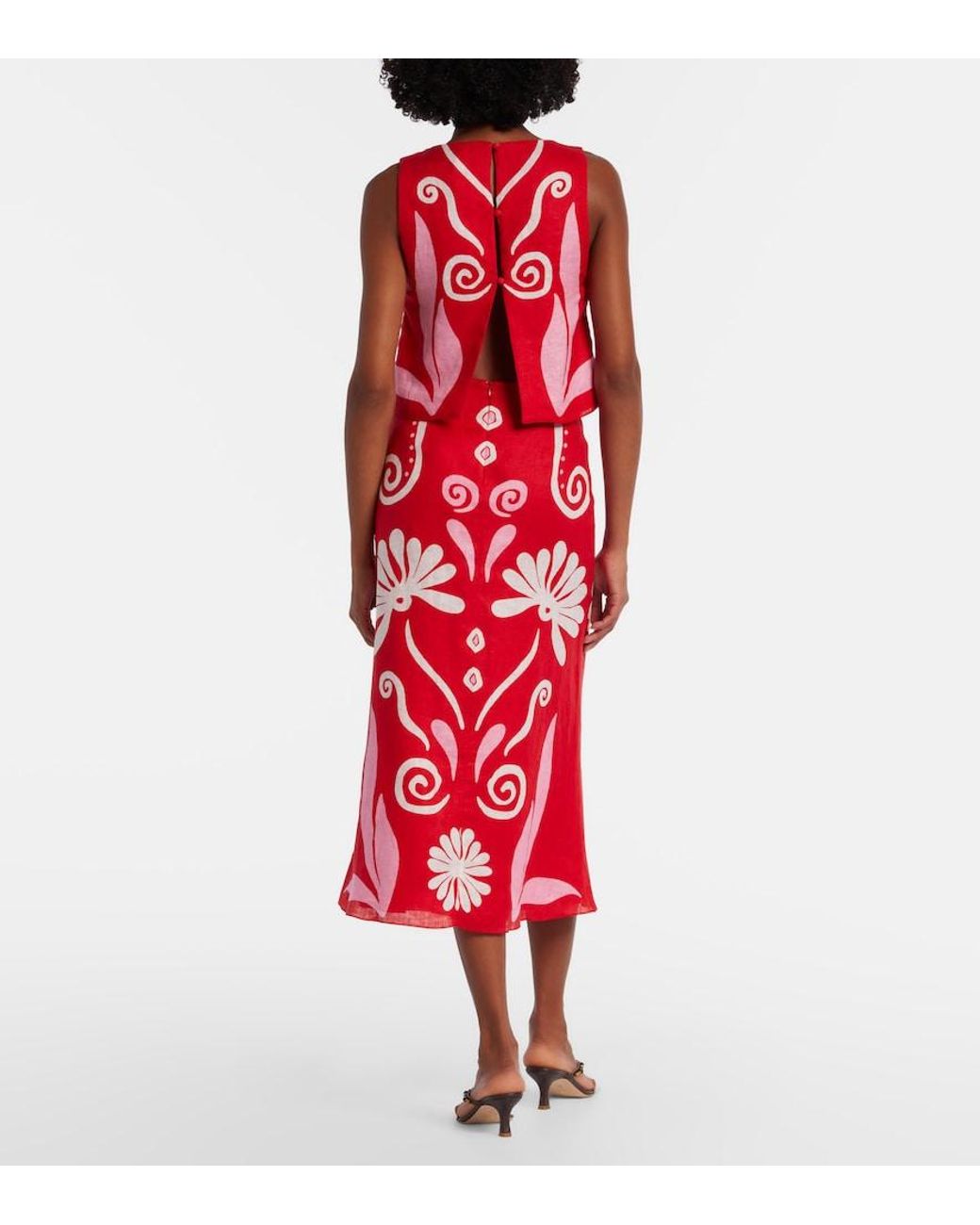 Cala De La Cruz Red Fabiana Printed Linen Midi Skirt