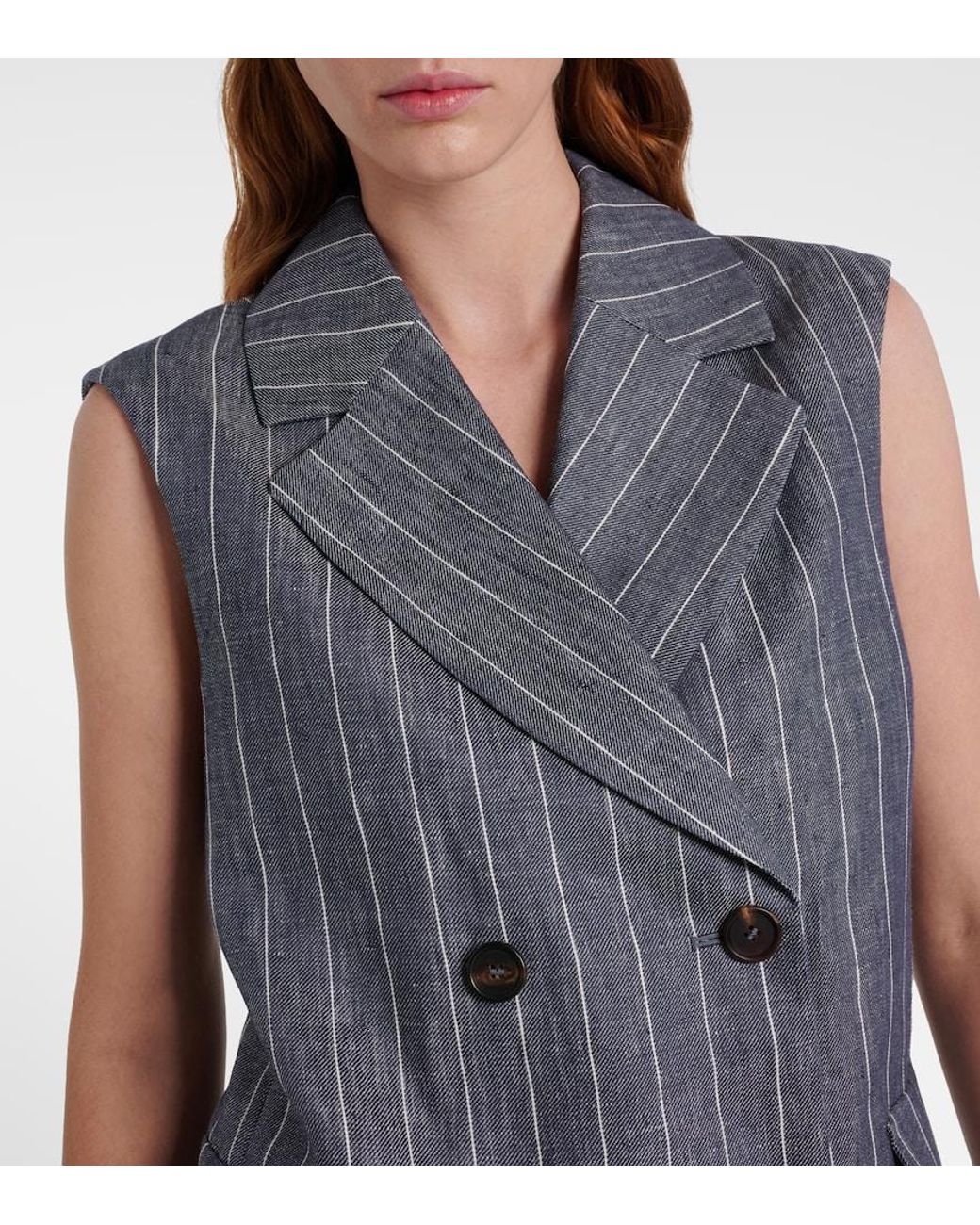 Max Mara Blue Ballo Pinstripe Double-Breasted Linen Vest