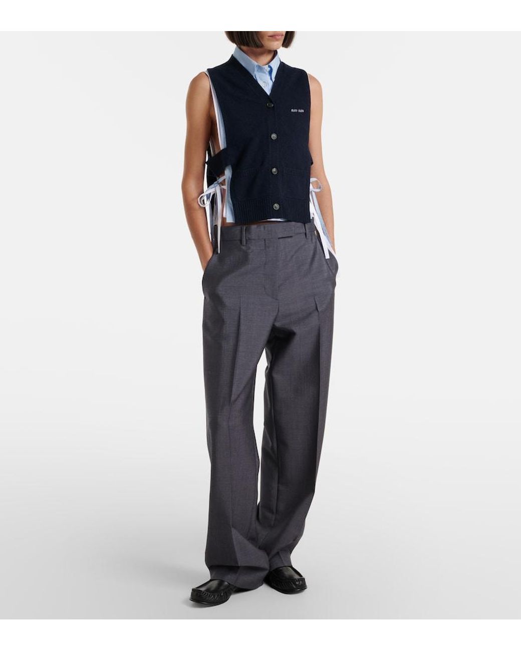 Miu Miu Blue Cutout Cropped Cotton Poplin Shirt
