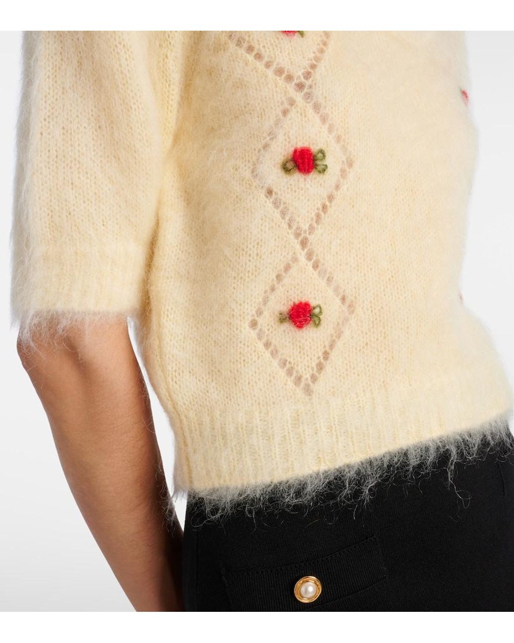 Alessandra Rich Natural Embroidered Mohair-Blend Sweater