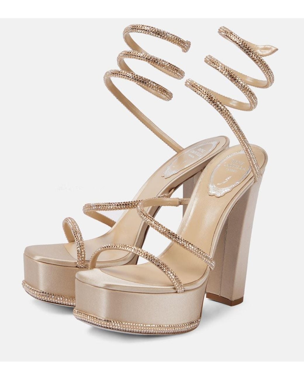 Rene Caovilla Natural Embellished Satin Platform Sandals
