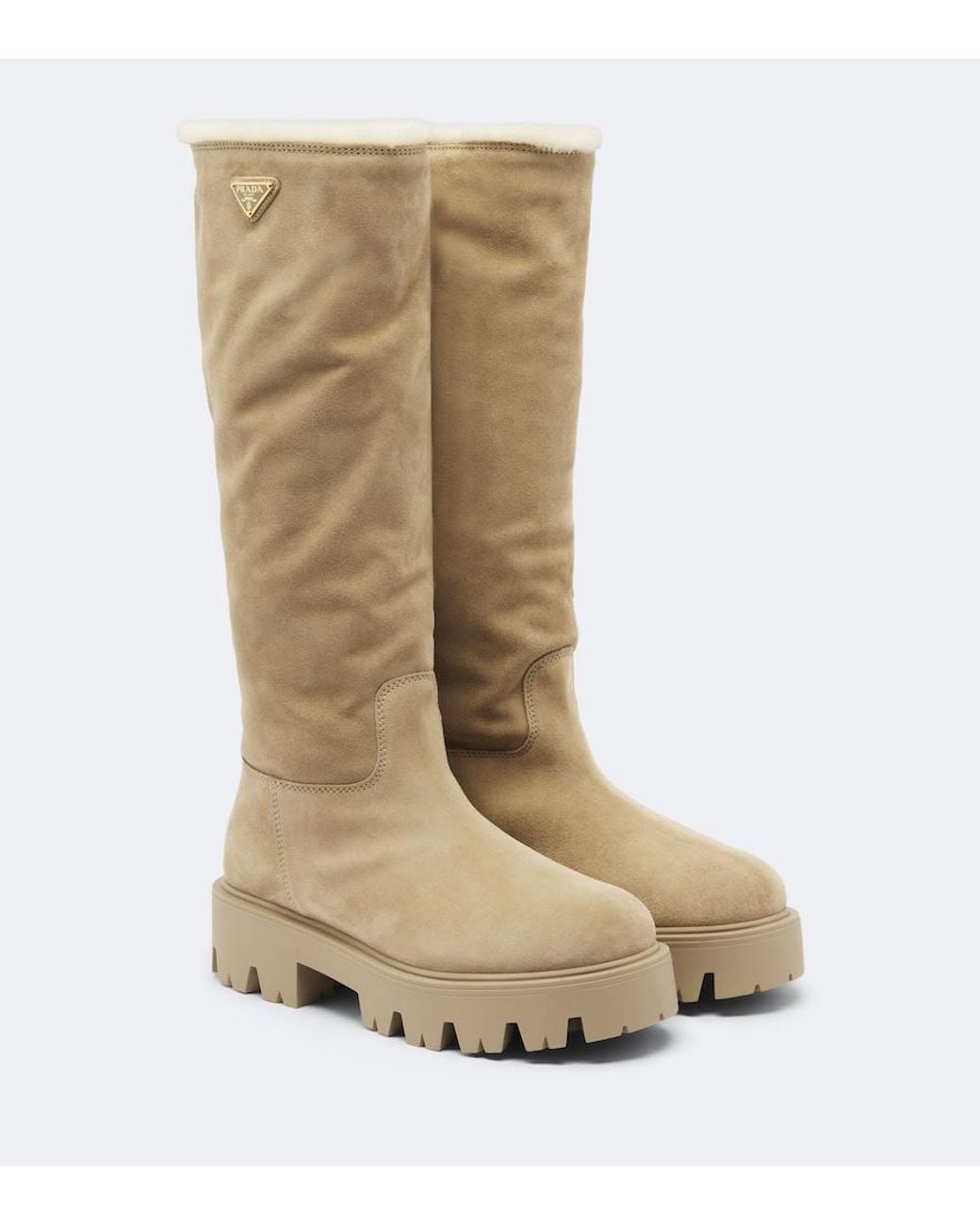 Prada Natural Shearling-Lined Suede Knee-High Boots