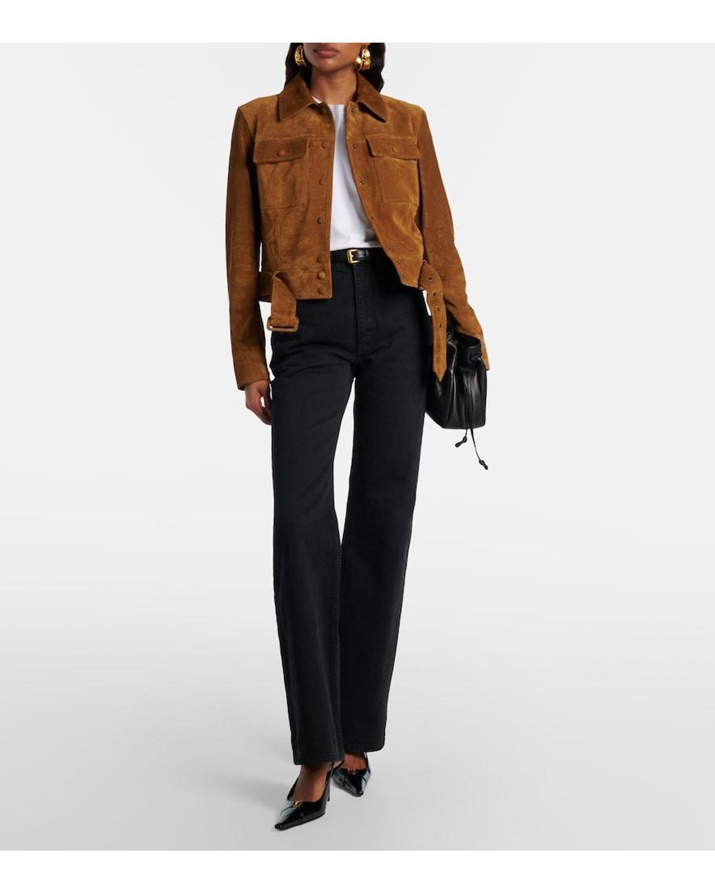 Saint Laurent Brown Belted Cropped Suede Jacket