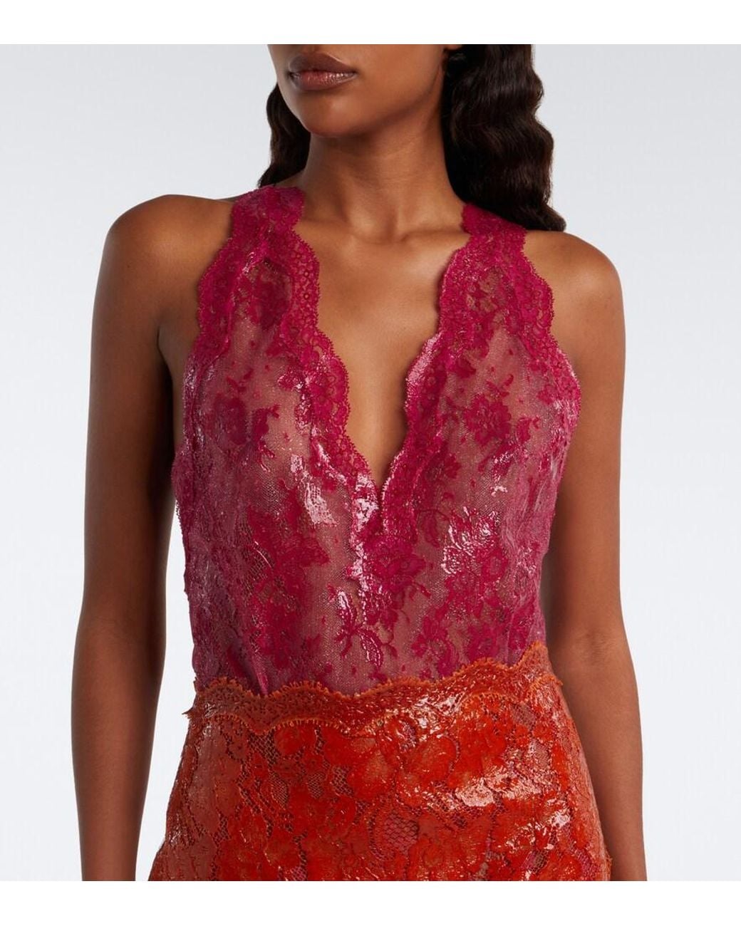 Saint Laurent Pink Sheer Cotton-Blend Lace Bodysuit