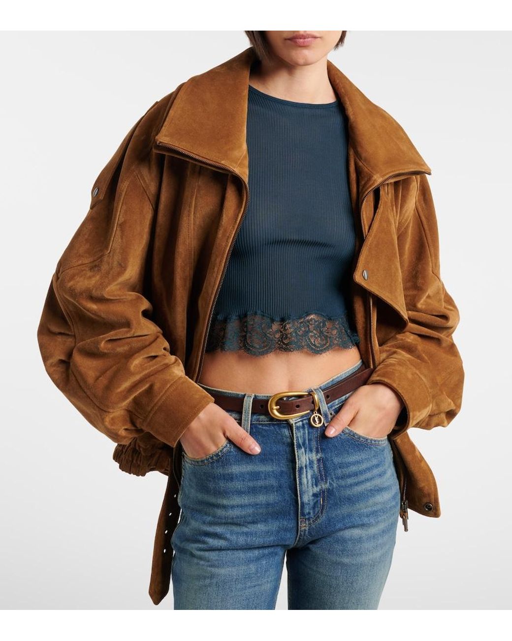 Saint Laurent Blue Lace-Trimmed Cropped Silk T-Shirt