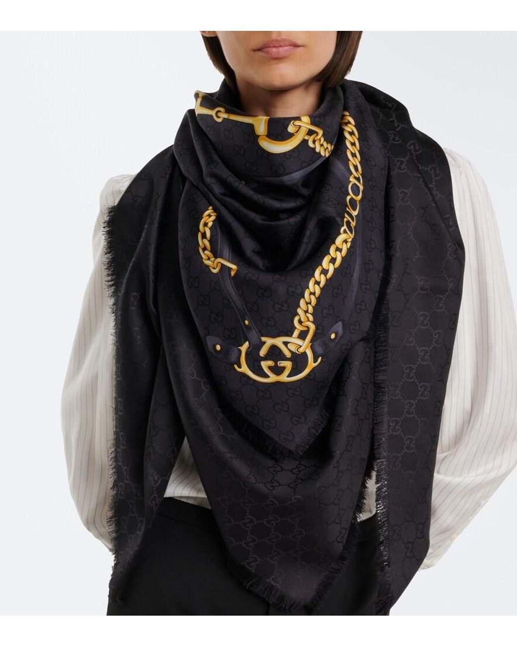Gucci Black Fringe-Trimmed Printed Silk Shawl