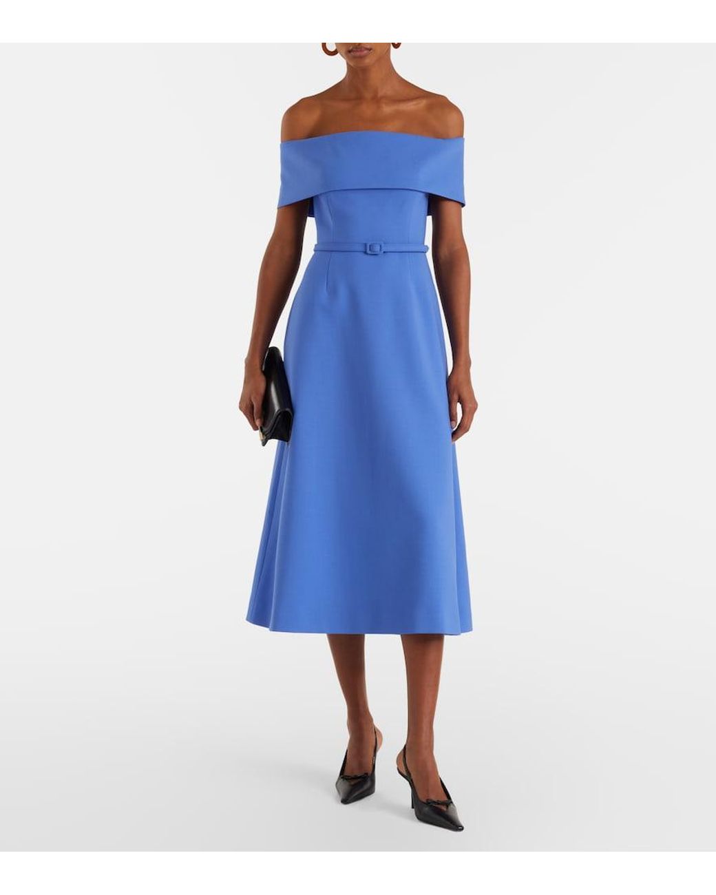 Carolina Herrera Blue Belted Wool-Blend Midi Dress