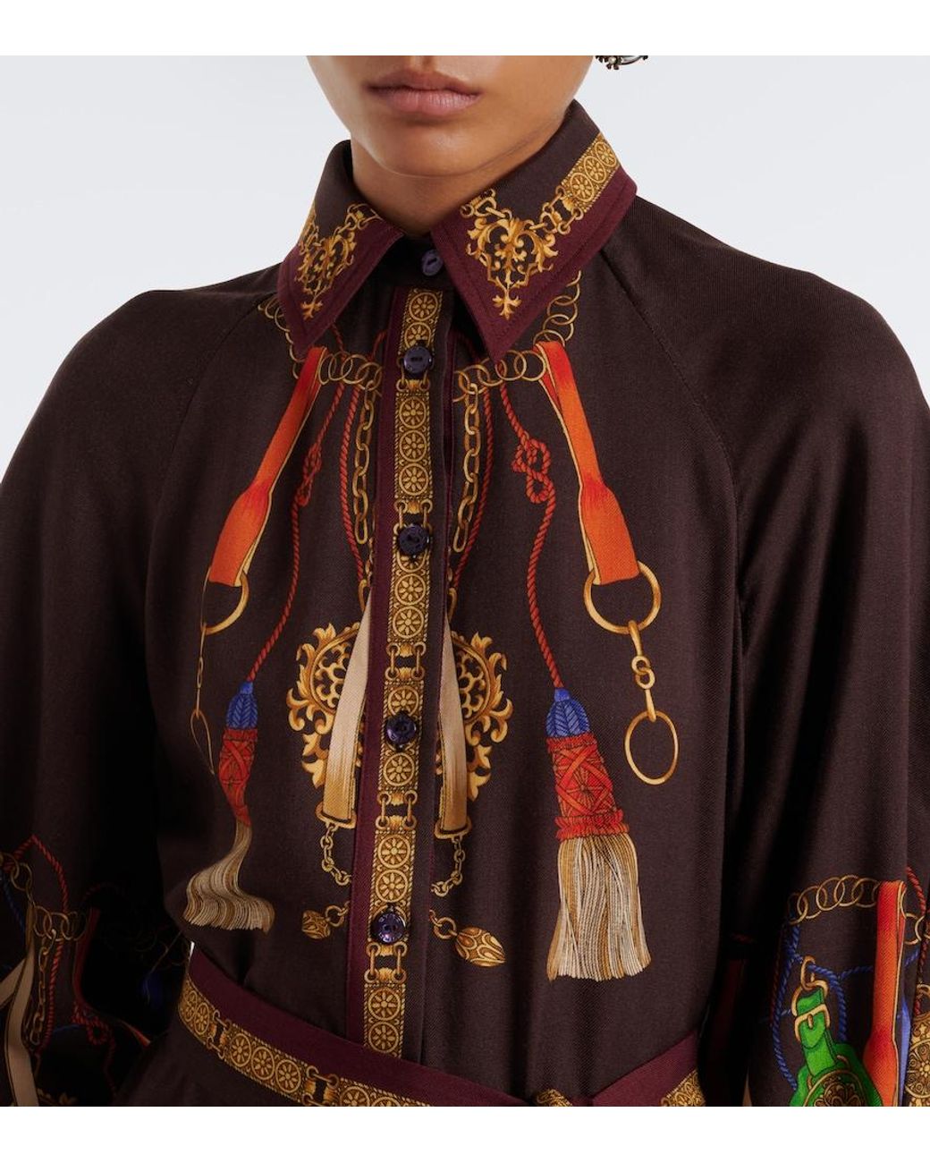 Etro Brown Printed Wool And Silk Twill Shirt Dress