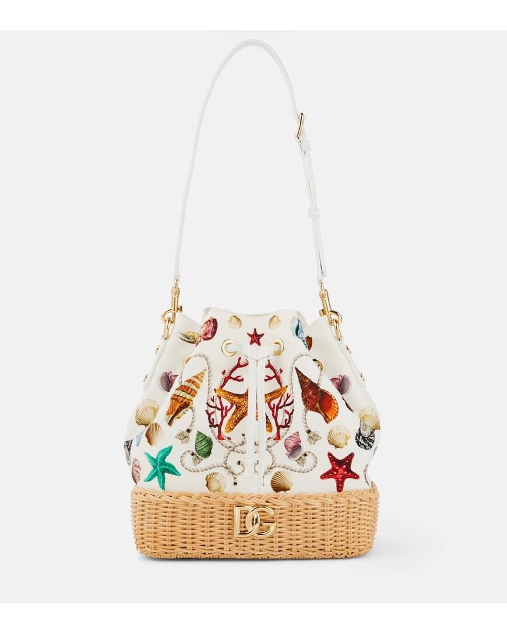Dolce Gabbana Capri Dg Raffia Trimmed Canvas Bucket Bag in White Lyst