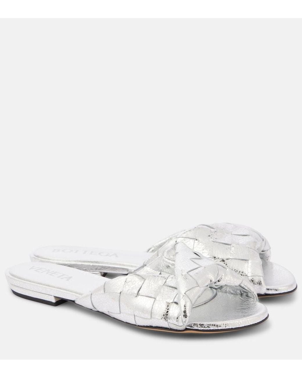 Bottega Veneta White Blink Intrecciato Metallic Leather Mules