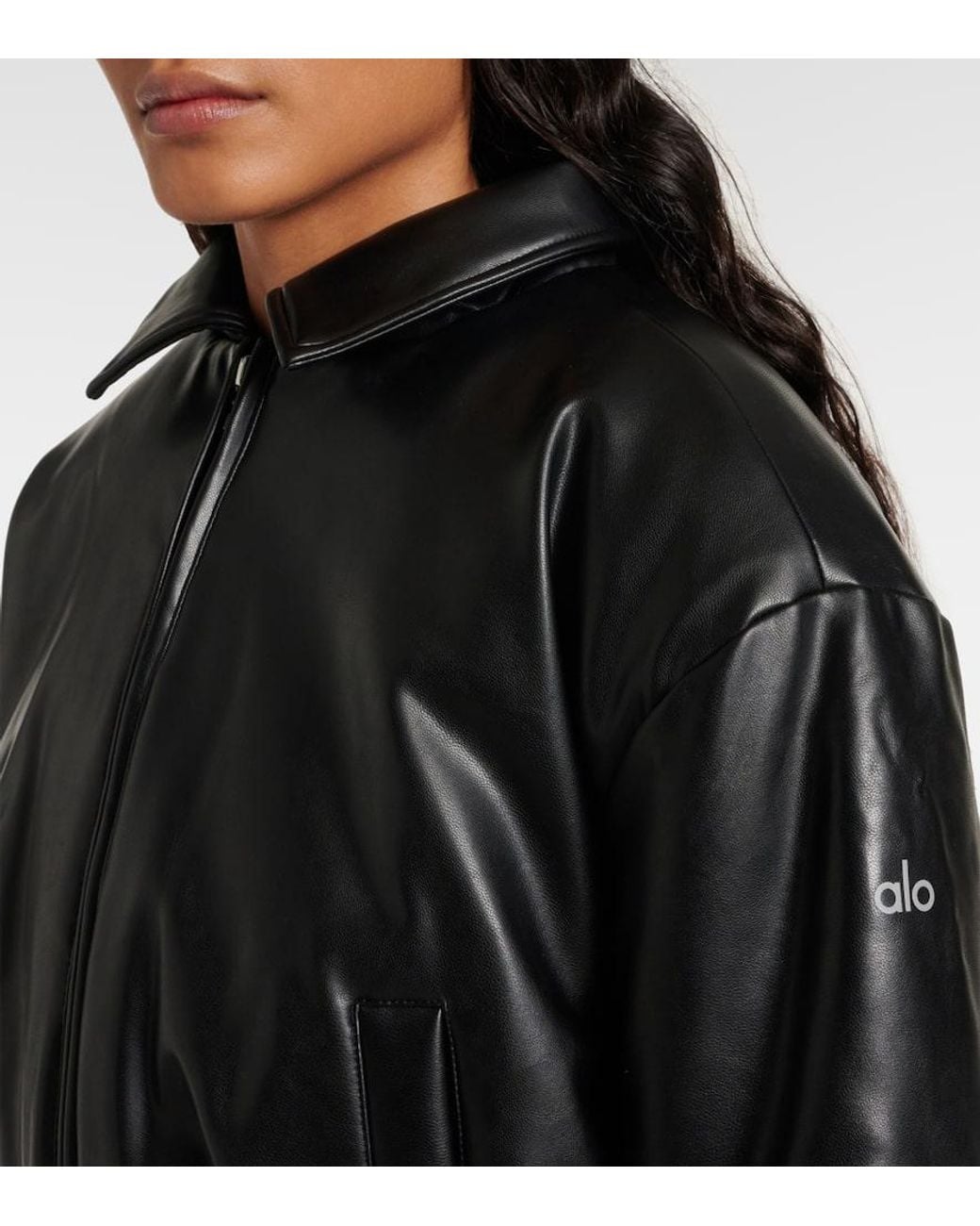 Alo Yoga Premier Faux Leather Bomber Jacket in Black | Lyst UK
