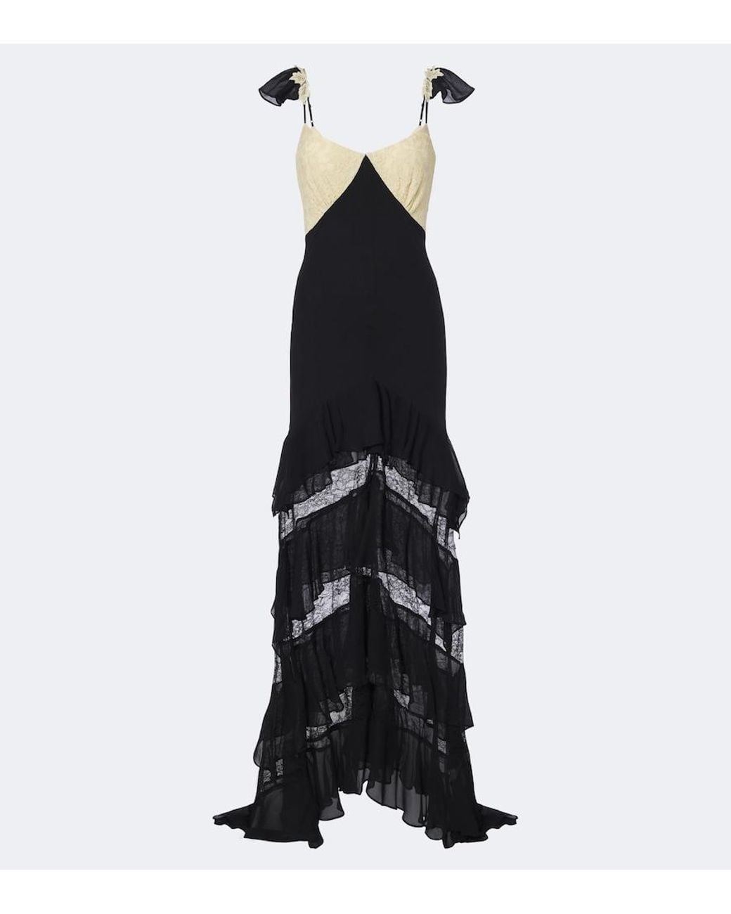 De La Vali Black Auralite Lace-Paneled Tiered Gown