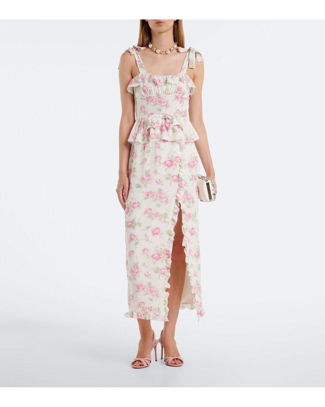 Alessandra Rich White Bow-Detail Floral Ruffled Silk Midi Dress