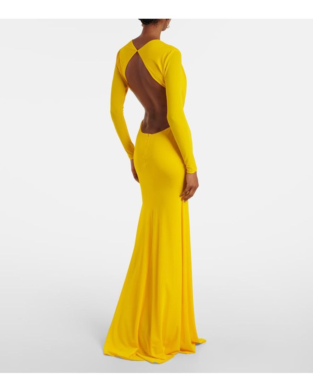 Alex Perry Yellow Ruched Open-Back Crepe Jersey Gown