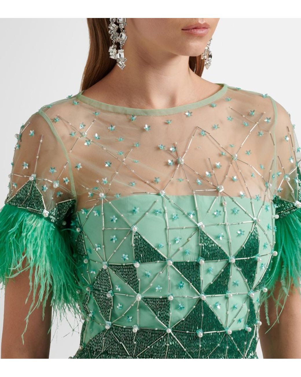 La Fuori Green Embellished Feather-Trimmed Gown