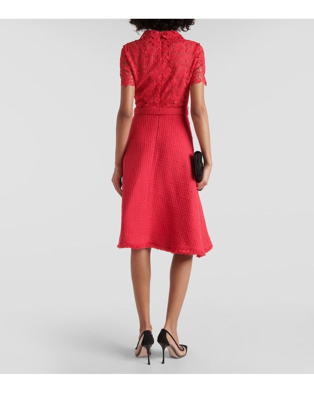 Oscar de la Renta Red Gardenia Guipure And Tweed Midi Dress