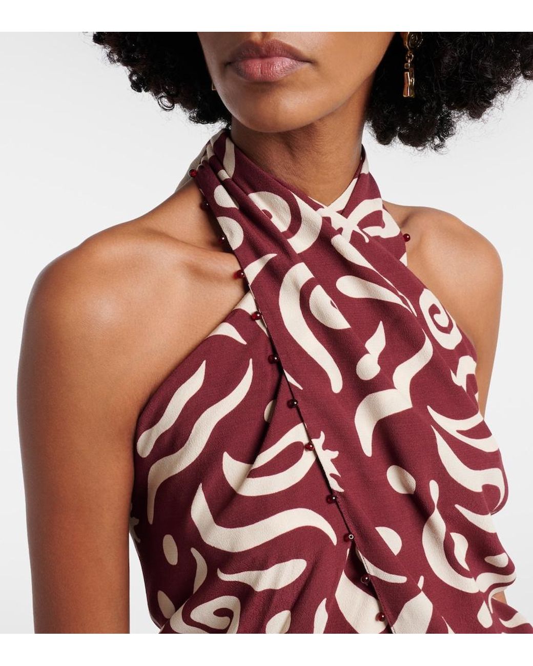 Cala De La Cruz Red Zauma Beaded Printed Top