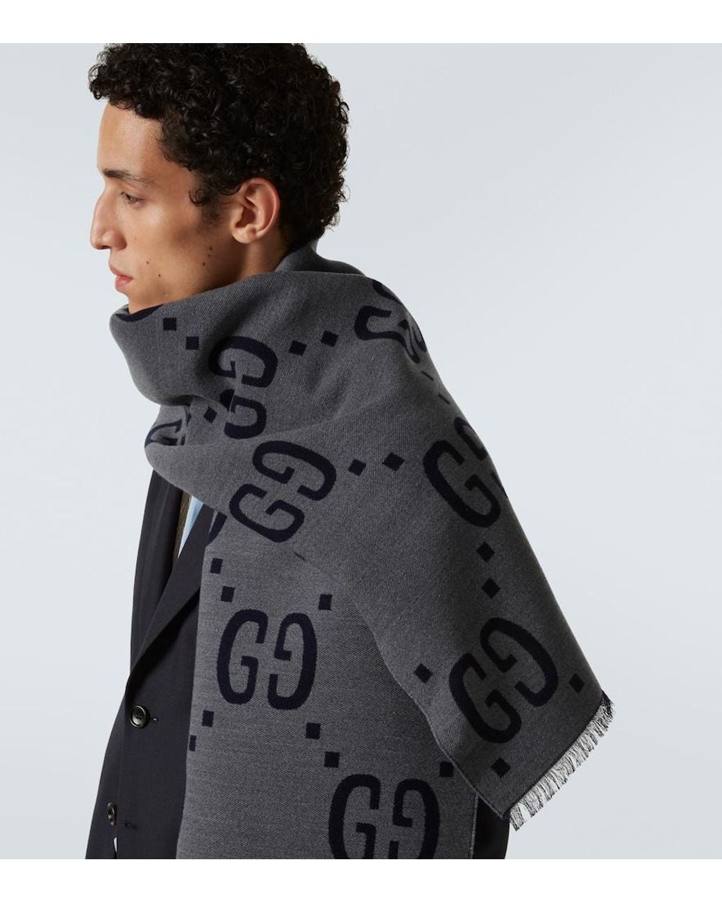 Gucci Gray Gg Jacquard Wool-Silk Scarf for men