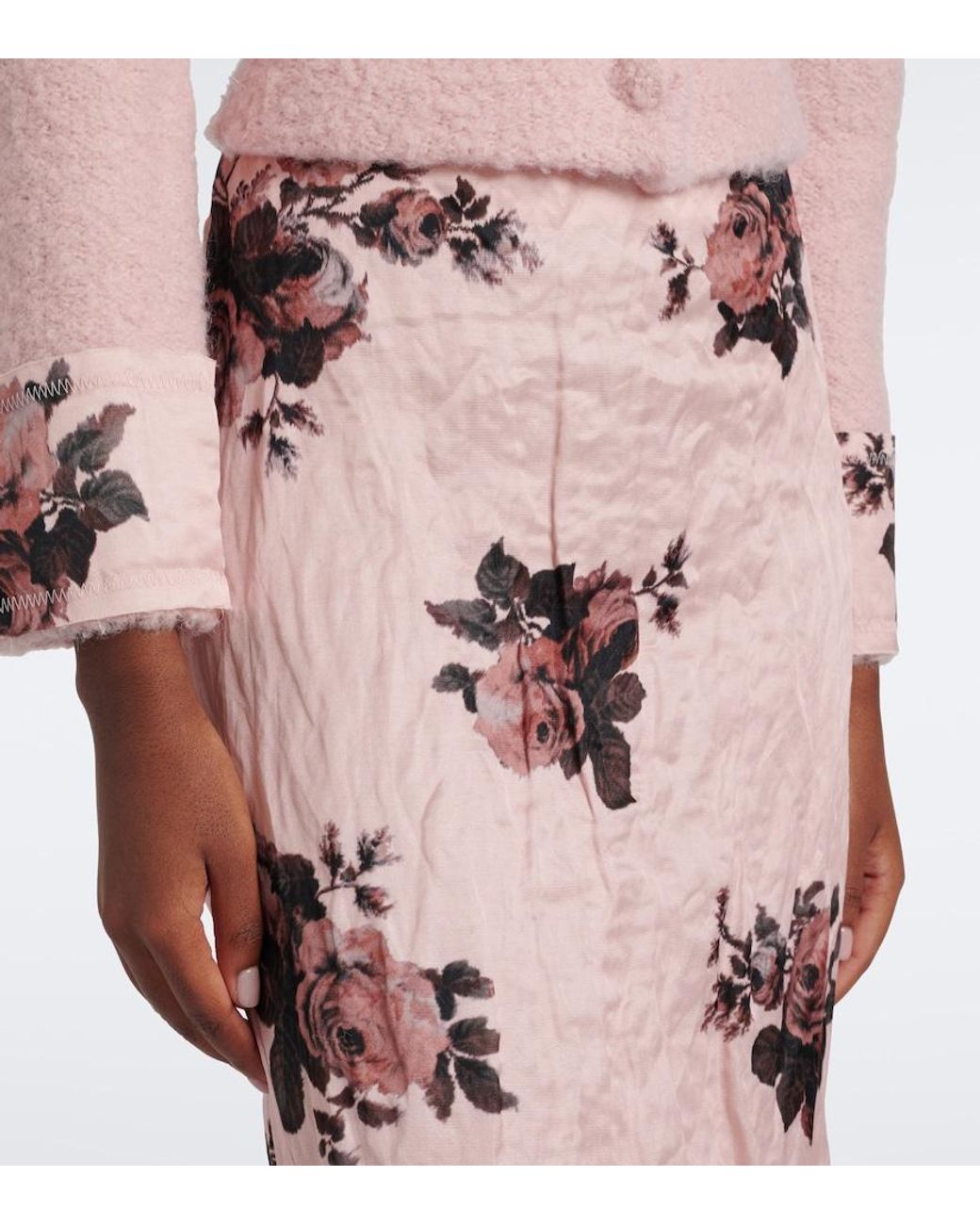 Erdem Pink Floral Satin Midi Skirt