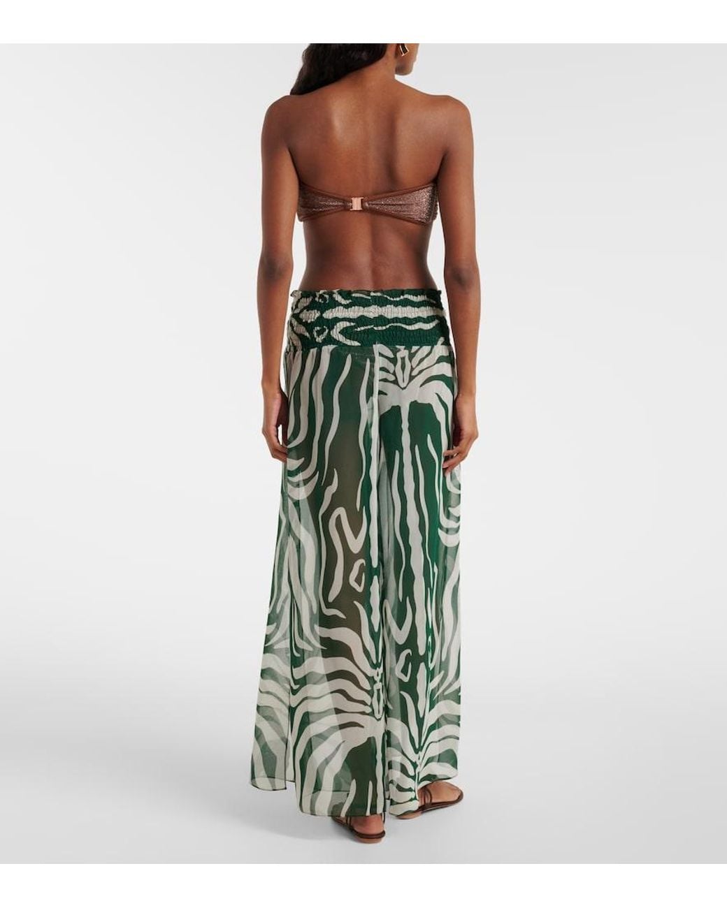Johanna Ortiz Green Printed Sheer Wide-Leg Pants