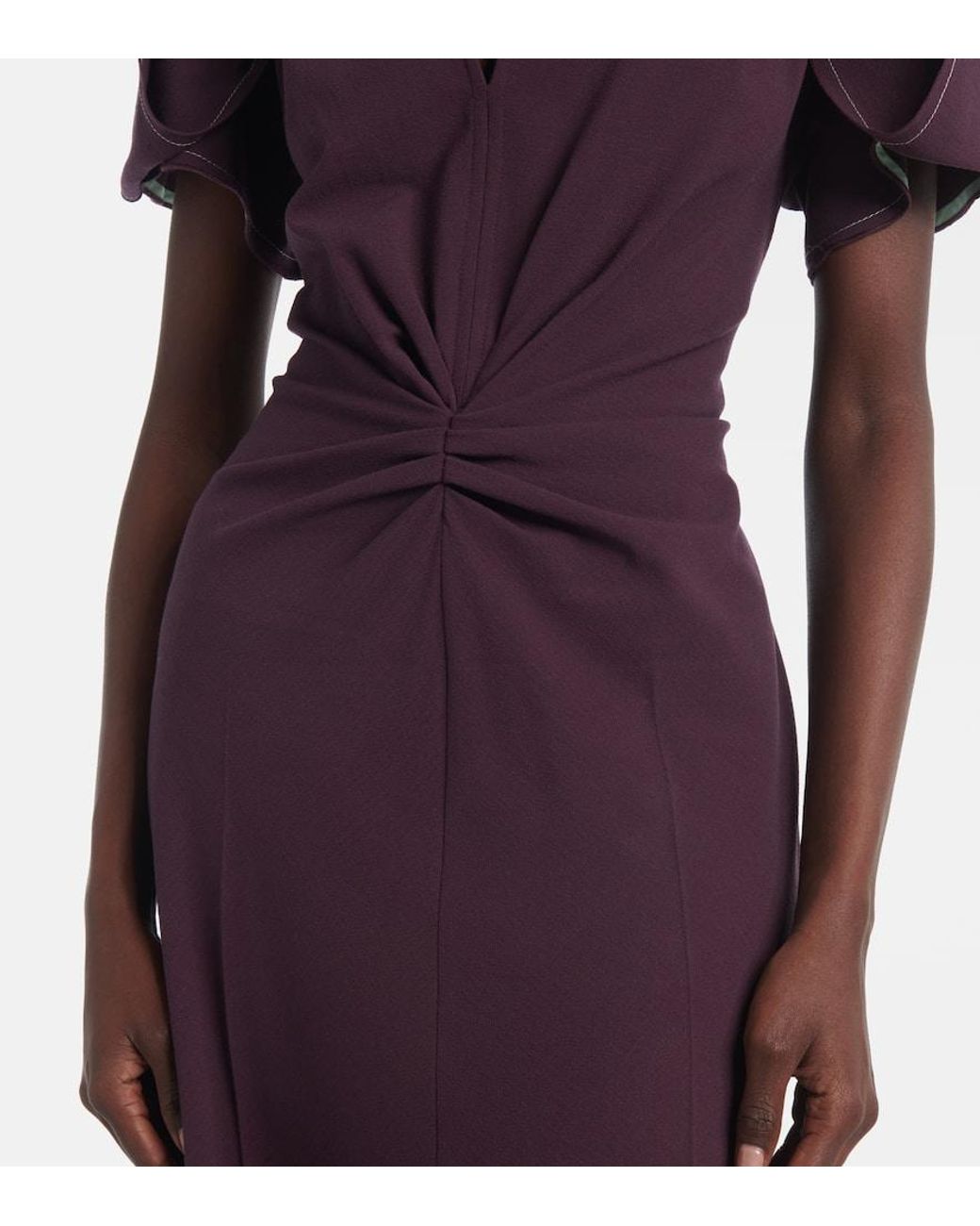 Victoria Beckham Purple Wool-Blend Gathered-Waist Midi Dress