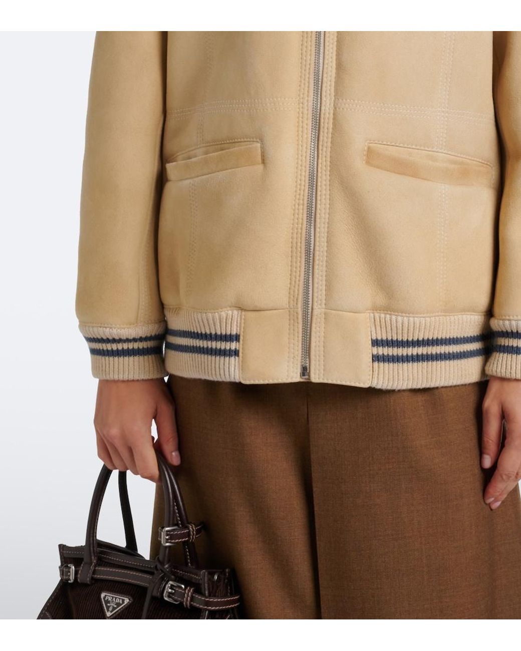 Prada Natural Wool-Trimmed Shearling Bomber Jacket