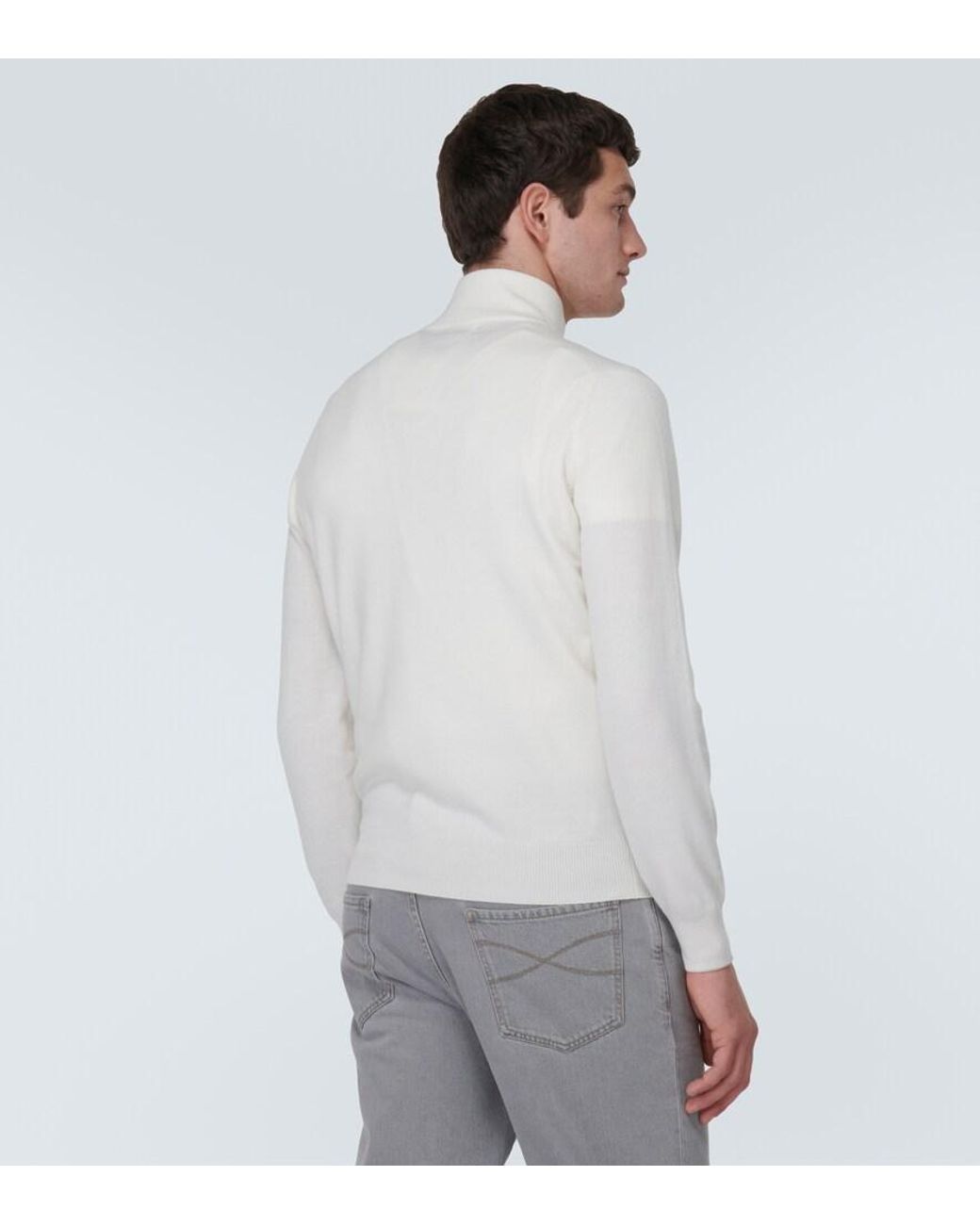 Brunello Cucinelli White Cashmere Half-Zip Sweater for men