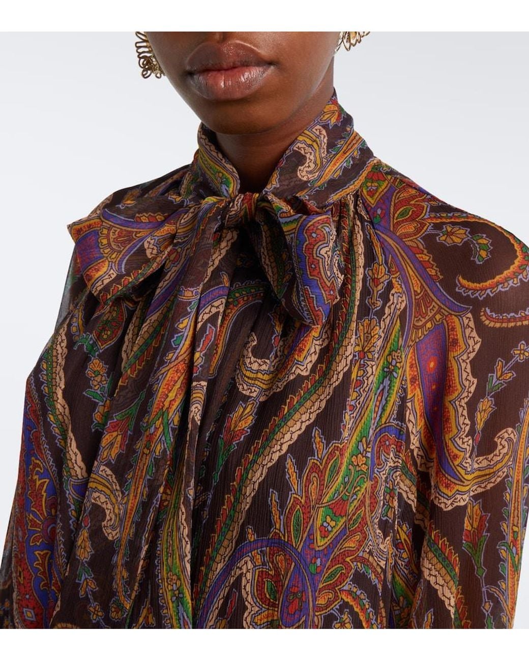 Etro Brown Paisley Tie-Neck Silk Minidress