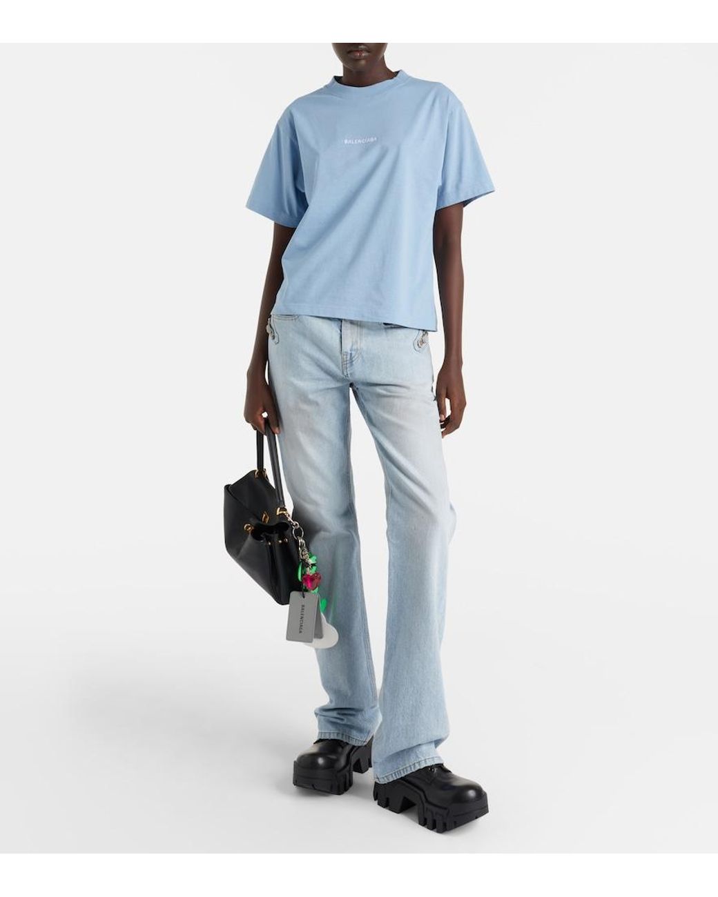 Balenciaga Blue Besticktes T-Shirt Aus Baumwoll-Jersey