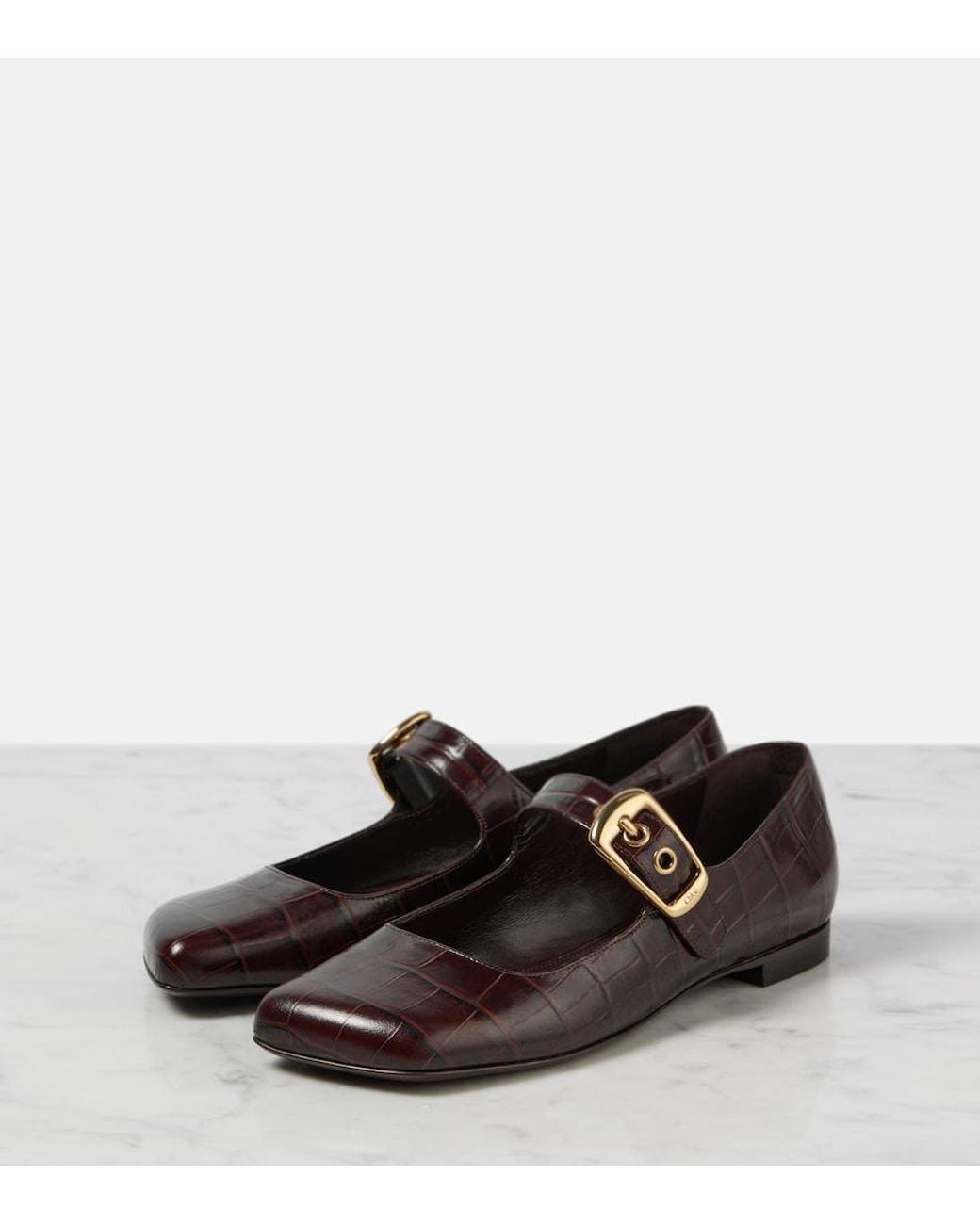 Chloé Black Polly Croc-Effect Leather Mary Jane Flats