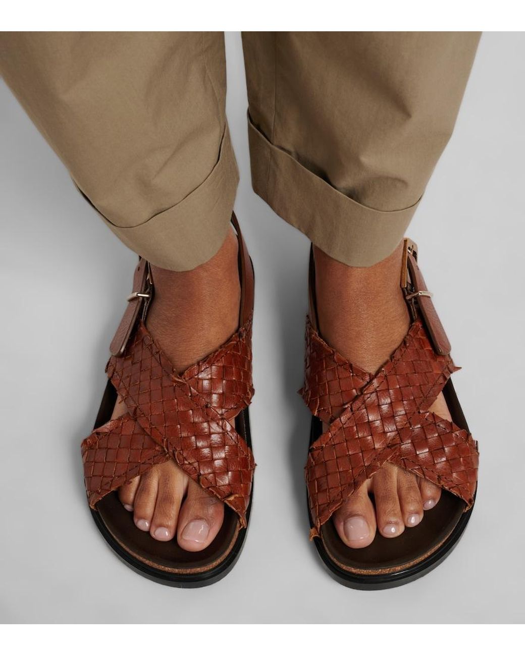 The Row Brown Buckle Woven Leather Sandals