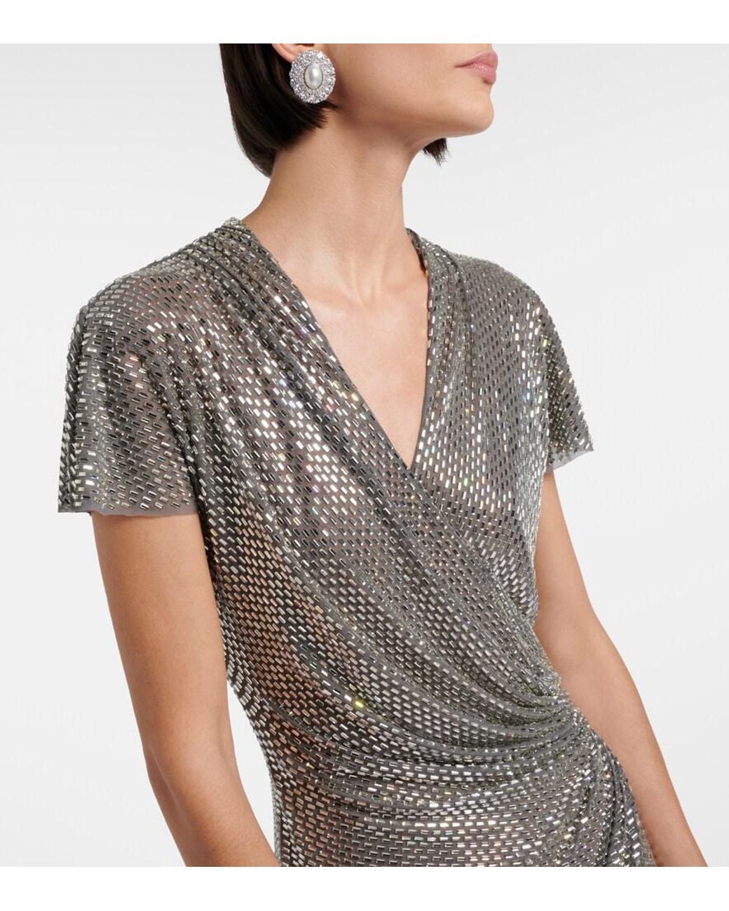 Self-Portrait Gray Gathered Rhinestone-Embellished Gown