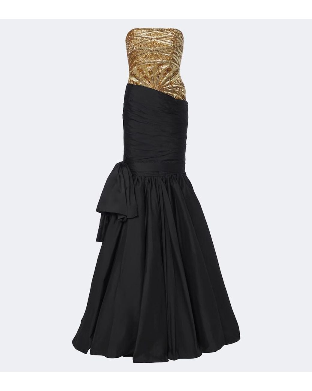 La Fuori Black Gilded Geo Draped Sequined Bustier Gown