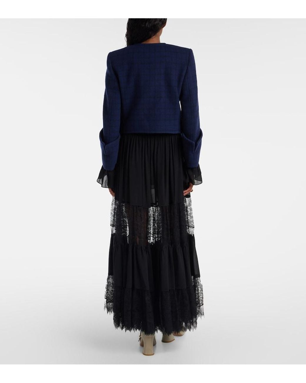 Chloé Blue Checked Cropped Wool-Blend Jacket
