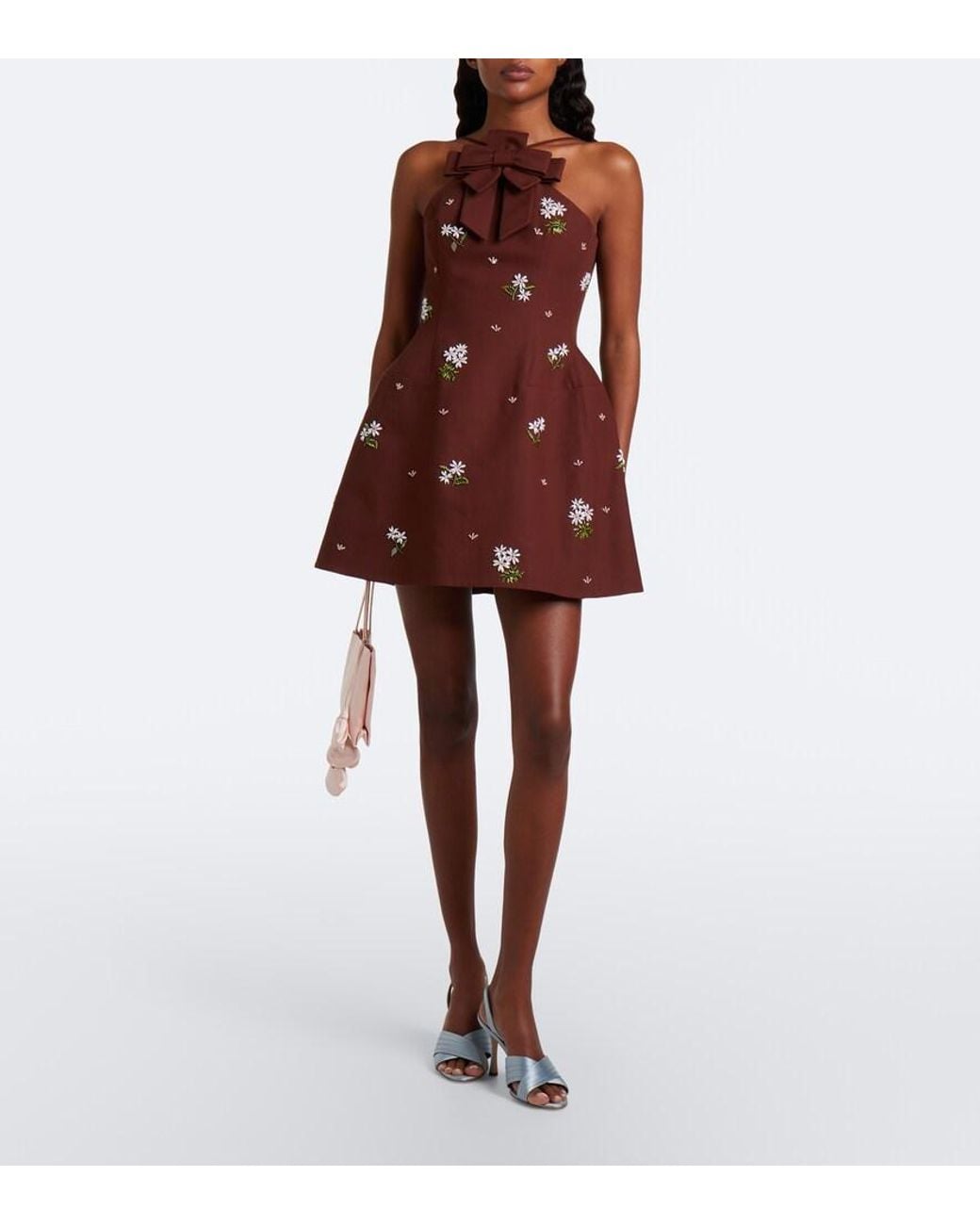 ShuShu/Tong Brown Embellished Halterneck Cotton Minidress