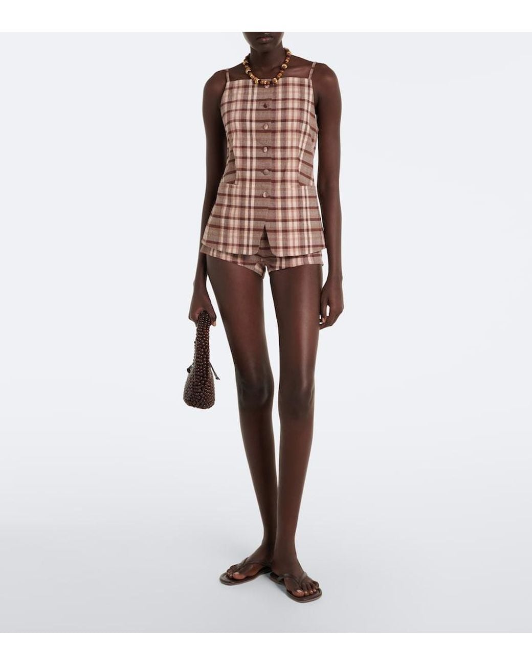 Staud Pink Nilo Checked Linen-Blend Shorts