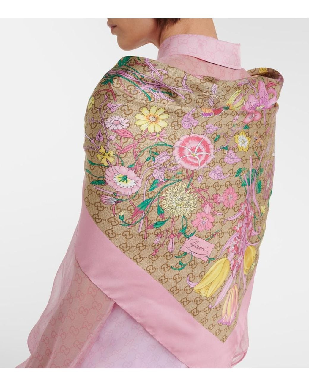 Gucci Pink Gg Flora Silk Twill Scarf