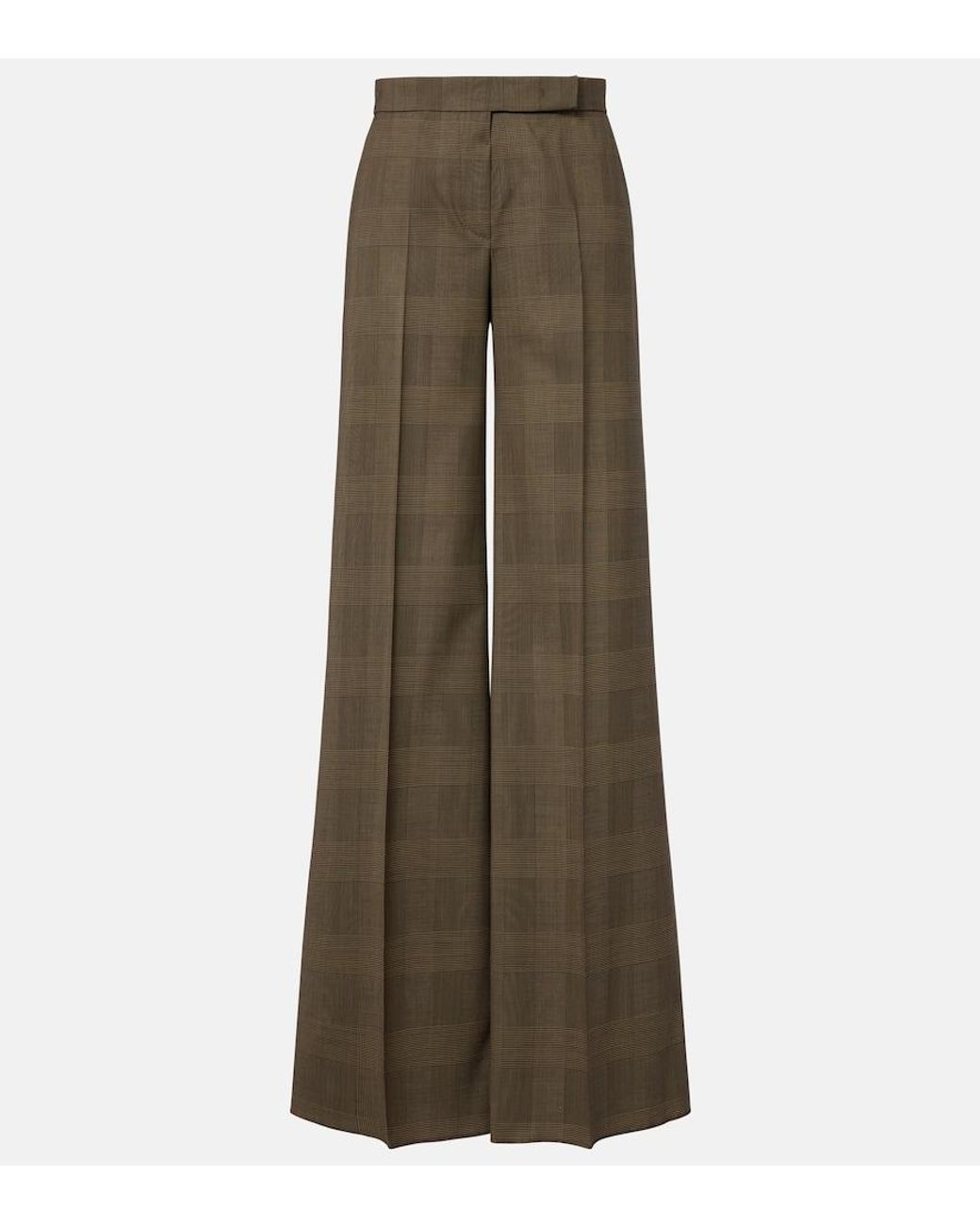 Max Mara Natural Checked Virgin Wool Wide-Leg Pants