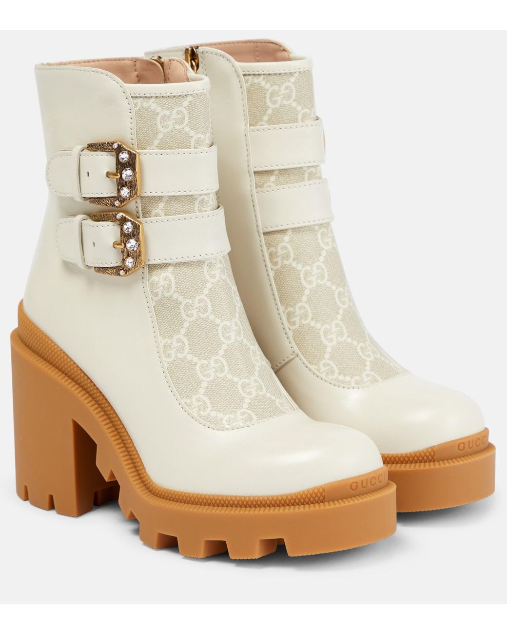 Gucci GG Canvas And Leather Ankle Boots in Natural | Lyst