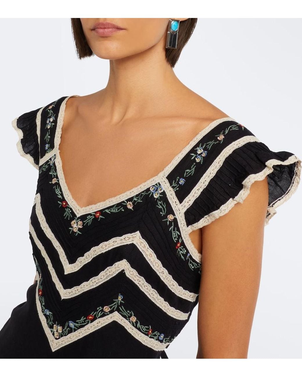 Rixo Black Diaz Embroidered Lace-Trimmed Minidress