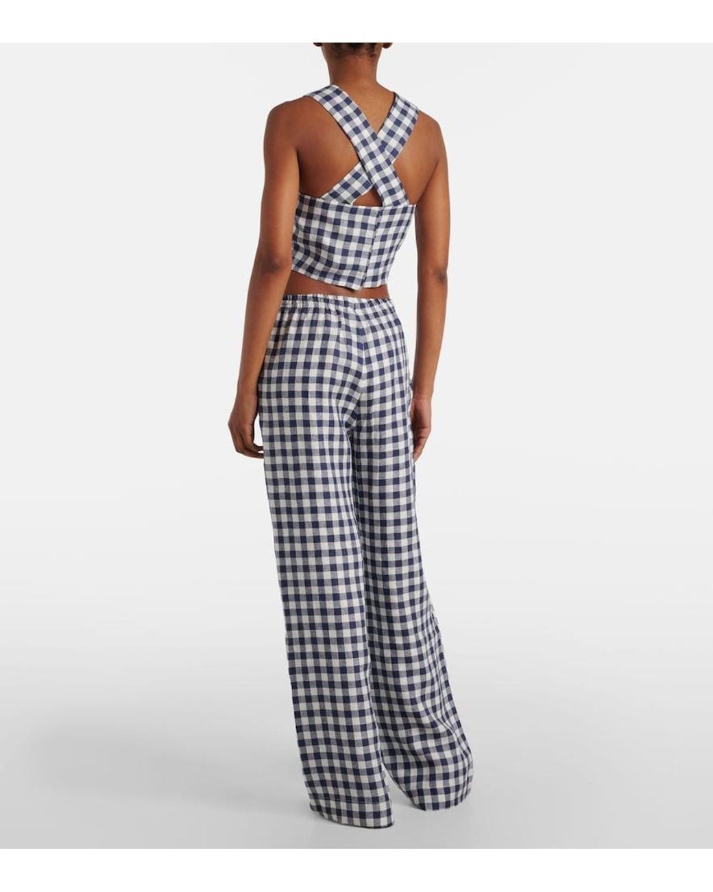 Asceno Blue Aurelia Gingham Linen Wide-Leg Pants